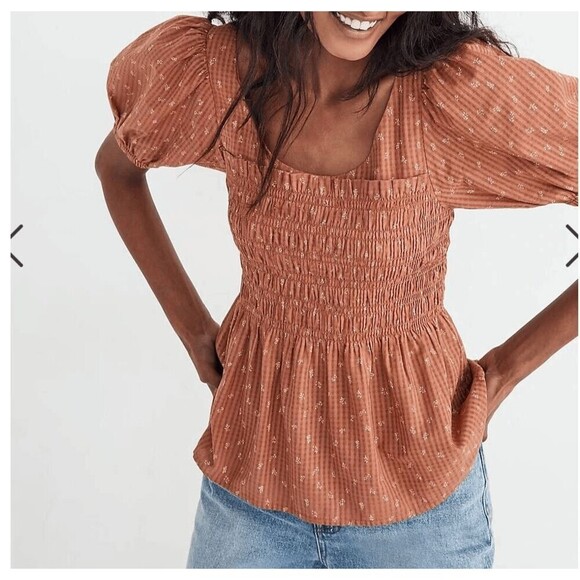 Madewell Tops - NWT Madewell Women's Bubble-Sleeve Smocked Peplum Top in Berry Stems 14